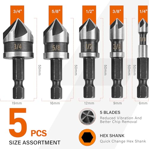 KENDO 5PCS Countersink Drill Bit Set, High Speed Steel Countersink Bits, 82 Degree 5 Flute Pieces, 1/4 Inch Hex Shank, Fit for Sink Holes into Kendo