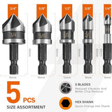 KENDO 5PCS Countersink Drill Bit Set, High Speed Steel Countersink Bits, 82 Degree 5 Flute Pieces, 1/4 Inch Hex Shank, Fit for Sink Holes into Kendo