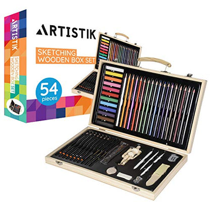 Sketching Art Set with Manikin - 54 Piece Beginners Wooden Box Set for Sketching & Coloring Supplies for Artists, Beginners, Kids, Adults and