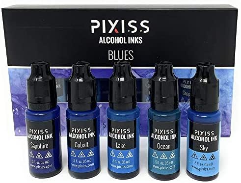 Pixiss Blue Alcohol Ink Set - 5 Shades of Highly Saturated Alcohol Ink for Epoxy Resin Supplies, Yupo Paper, Tumblers, Coasters - Resin Colorant for Pixiss