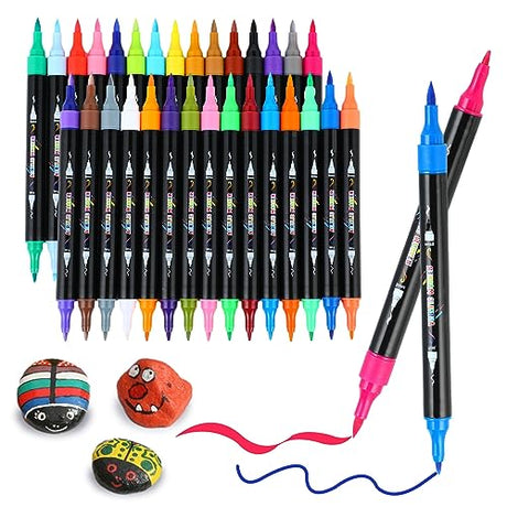 30 Colors Acrylic Paint Markers, Dual Tip Acrylic Paint Pens with Brush and Fine Tips for Kids, Adults, Wood, Canvas, Stone, Rock Painting, Glass, BRlED