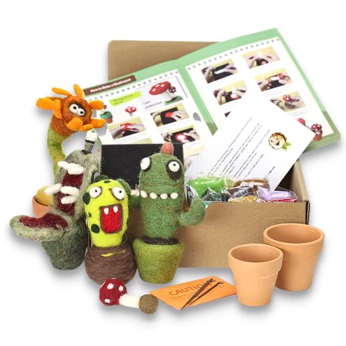 Woolbuddy Needle Felting Kit, Cactus Monster Felting Kit for Beginner Adults, Kids Needle Felting Kit Succulent, 4 Felting Needles, Felting Wool, Woolbuddy