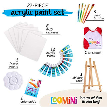 Paint Set for Kids | Premium Art Supplies for Boys & Girls | 27 Piece Acrylic Paint Set Includes Canvas Panels, Paint Brushes, Kids Apron, Tabletop - WoodArtSupply