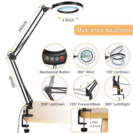 10X Large Magnifying Glass with Light and Stand, KRSTLV 2 x 16 Inch Adjustable Swivel Arm LED Desk Lamp with Clamp, 5 Color Modes Stepless Dimmable, Krstlv