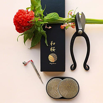 Wazakura Made in Japan Ikebana for Beginners Tool Kit, Ikenobo Scissors, Sun and Moon Kenzan Holder, Cleaner, Flower Arrangement Set, Florist Shears - WoodArtSupply