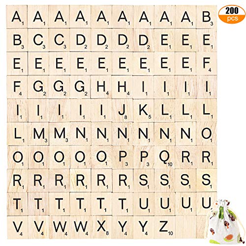 PINOWU 200pcs Wooden Letter Tiles for Scrabble Crossword Game Wood Scrabble Letters Replacement for DIY Craft Gift Decoration Scrapbooking and Making PINOWU
