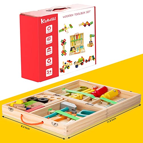 KIDWILL Tool Kit for Kids, 37 pcs Wooden Toddler Tools Set Includes Tool Box & Stickers, Montessori Educational STEM Construction Toys for 3 4 5 6 7 KIDWILL