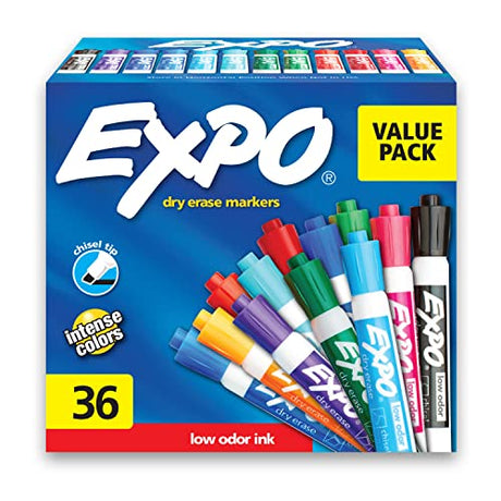 EXPO Low-Odor Dry Erase Markers, Chisel Tip, Assorted Colors, 36 Count EXPO