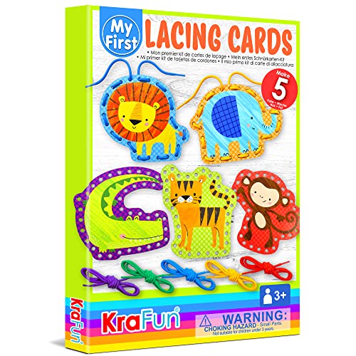 KRAFUN Beginner Preschool Lacing Card Kit for Kids Arts & Crafts, 5 Easy Safari and Animal Lacing Projects, Lacing Cards for Toddlers, Fine Motor KRAFUN