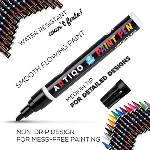 Paint pens for Rock Painting - Wood, Glass, Metal and Ceramic Works on Almost All Surfaces Set of 15 Vibrant Medium tip Oil Paint Marker Pens, Quick ARTIQO