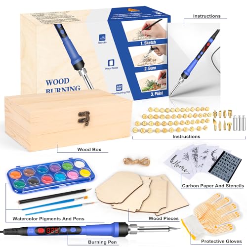 Yeghujar Wood Burning Kit for Teen Gifts, Beginners Wood Burning Kit with Wood Box Burning Tips and Watercolor Paint, Professional 60W Digital - WoodArtSupply