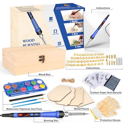 Yeghujar Wood Burning Kit for Teen Gifts, Beginners Wood Burning Kit with Wood Box Burning Tips and Watercolor Paint, Professional 60W Digital - WoodArtSupply