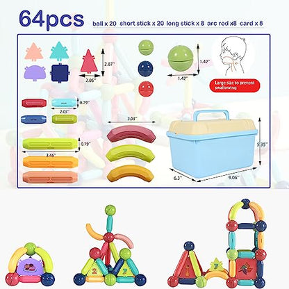 yiyisibao Magnet Toys for 3 Year Old Boys & Girls, Magnetic Blocks STEM Learning Educational Building Blocks for Kids Ages 4-8, Toddler Toys 64PCS