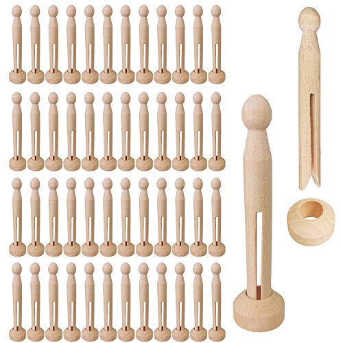 Winlyn 50 Sets Unfinished Wood Doll Pins Doll Clothespins Wooden Round Peg Wood Clothespins and Stands Craft Supplies for DIY Art Painting Projects Winlyn
