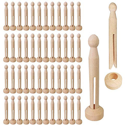 Winlyn 50 Sets Unfinished Wood Doll Pins Doll Clothespins Wooden Round Peg Wood Clothespins and Stands Craft Supplies for DIY Art Painting Projects