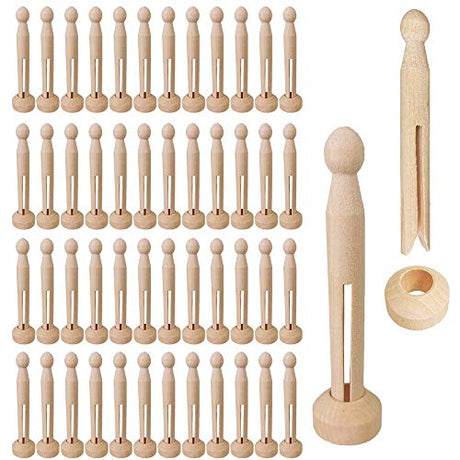Winlyn 50 Sets Unfinished Wood Doll Pins Doll Clothespins Wooden Round Peg Wood Clothespins and Stands Craft Supplies for DIY Art Painting Projects Winlyn