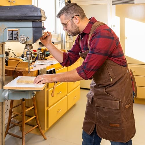 Heavy Duty Shop Apron Woodworking Apron for Sizes M-XXL Water-Resistant 16 Oz Waxed Brown Canvas - WoodArtSupply