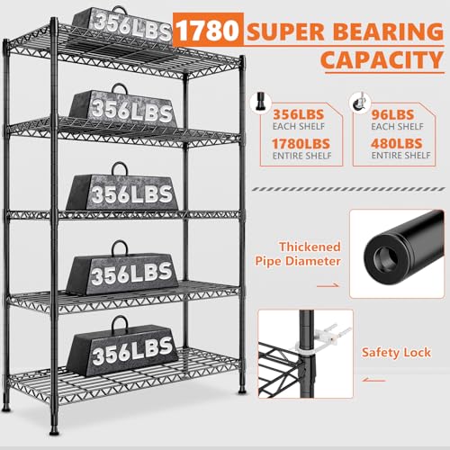 REIBII 73''H Storage Shelves 1780LBS Wire Shelving Unit with Wheels 5 Tier Metal Shelving,Heavy Duty Metal Shelves for Storage Rack,73''HX35''WX15''D REIBII