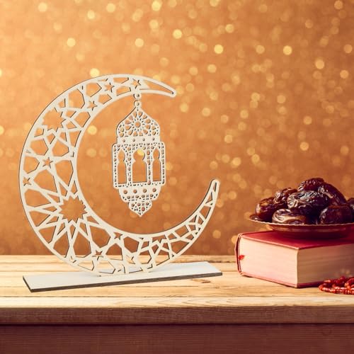 2 Pieces Wood Ramadan Decorations Islamic Eid Mubarak Kareem Table Sign Moon Hollow Star Ornament for Muslim Party Tabletop Decor Home Art Craft - WoodArtSupply