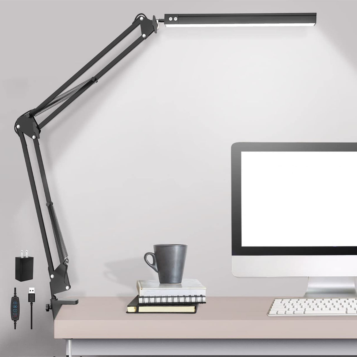 LED Desk Lamp,Adjustable Swing Arm Desk Lamp with Clamp,Dimmable Desk Light Eye-Care Table Light, Memory Function, 3 Color Modes, 10-Level Brightness Beetwo