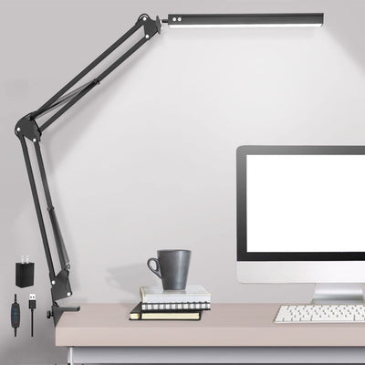 LED Desk Lamp,Adjustable Swing Arm Desk Lamp with Clamp,Dimmable Desk Light Eye-Care Table Light, Memory Function, 3 Color Modes, 10-Level Brightness