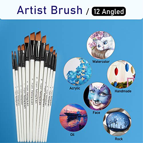 Falling in Art Paint Brushes Set, 12 PCS Nylon Professional Angled Paint Brushes for Watercolor, Oil Painting, Acrylic, Face Body Nail Art, Crafts, Falling in Art