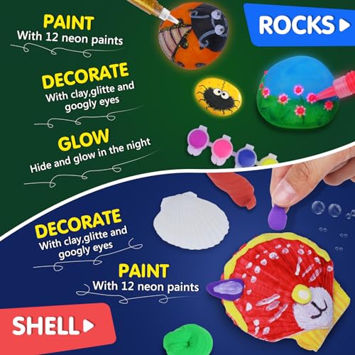 2 Pack Separate Kids Rock & Sea Shell Painting Kit, Arts & Crafts Gifts for Girls and Boys Kids Activities Kits, Creative Art Decorations Paint Kit