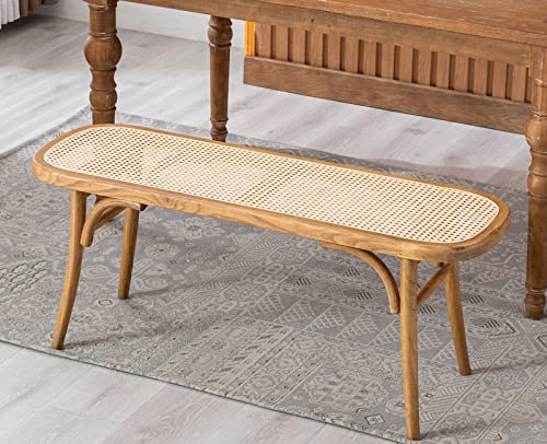 Kmax Upholstered Bench Wicker Rattan Entryway Bench Rustic Solid Wood 45 Inch for Living Room/Bedroom/Hallway