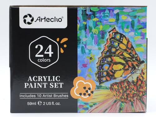 Artecho Acrylic Paint Set 24 Colors 2oz/59ml with 10 Paintbrushes, Art Craft Paint for Art Supplies, Paint for Canvas, Rocks, Wood, Fabric, Non Toxic