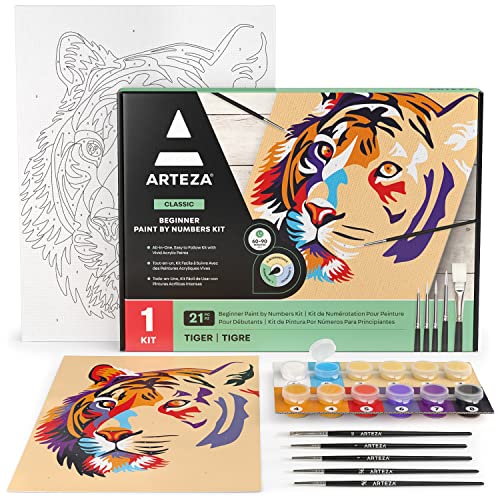 ARTEZA Paint by Numbers Kit, 12x16 Inches, 21 Pieces, Tiger Canvas Painting Kit, Canvas Panel, 12 Acrylic Paint Pots, 5 Paintbrushes, Art Supplies ARTEZA