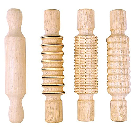 Colorations DESIGN All Wood Clay and Dough Textured Rolling Pins, Set of 4, Assorted, Hard Natural Wood, Easy to Clean, 8 1/2 Inches, for Kids, Arts Colorations