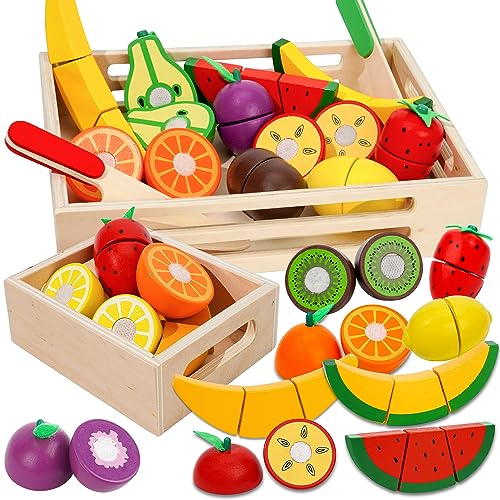 BAODLON Wooden Cutting Fruit Set - Wooden Play Food Toys for Kids Kitchen, Multi-Pretend Play Food Kitchen Accessory with 2 Trays, Play Fake Fruit