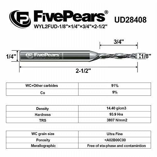 FivePears Up&Down Cut Compression Spiral Router Bit for CNC, 1/8 inch Cutting Diameter and 3/4 inch Cutting Length 1/4 in Shank Carbide End Mill FIVEPEARS