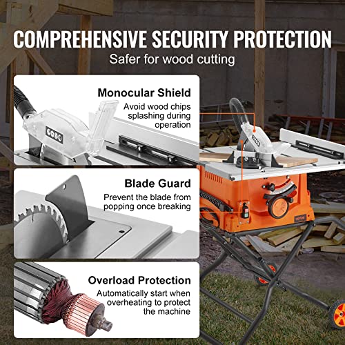 VEVOR Table Saw with Stand, 10-inch 15-Amp, 25-in Max Rip Capacity, Cutting Speed up to 5000RPM, 40T Blade, Portable Compact Jobsite Tablesaw with VEVOR
