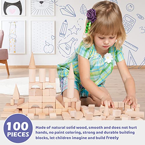 GenJuw 100Pcs Wooden Building Blocks Set- Wood Stacker Stacking Blocks Game Toys for Toddlers, Multiple Shapes, Toddles Blocks- Baby Wooden Blocks - WoodArtSupply