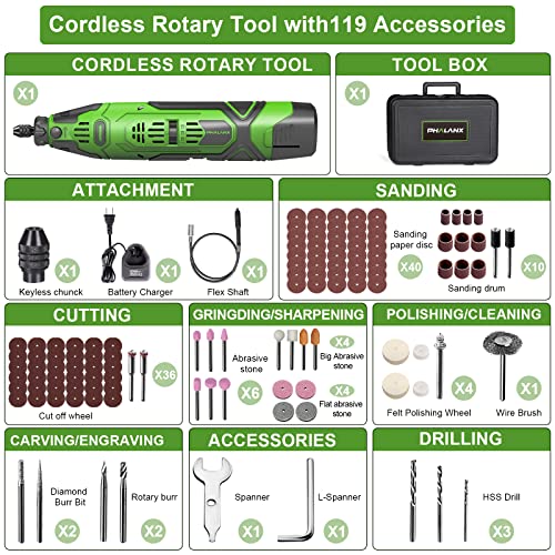 PHALANX 12V Cordless Rotary Tool Kit with Keyless Chuck, 6-Speeds 5000-32000RPM, 119 Accessories with Flex Shaft, Idea for Cutting, Grinding, Wood - WoodArtSupply