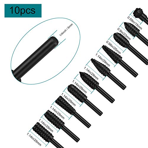 EEEkit 10PCS Wood Carving File Rasp Drill Bit, 1/4" 6mm Rotary Rasp Drill Bit Set, DIY Woodworking Rotating Embossed Chisel Shaped Shank Tool Burr - WoodArtSupply