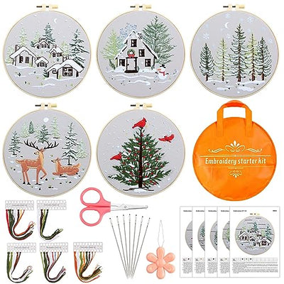 Tigeen 5 Sets Embroidery Starter Kit for Beginners Adults Kids Cross Stitch Embroidery Kit for Winter Snow Scene Christmas with Instructions
