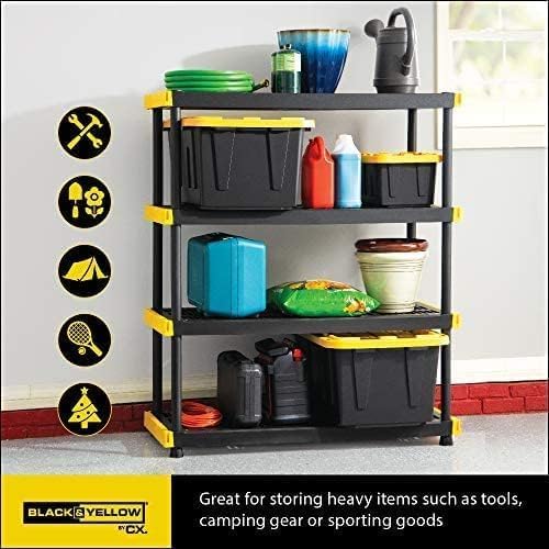 CX Black & Yellow®, 4-Tier Heavy Duty Plastic Storage Shelving Unit, 200lbs/shelf (55”H x 48”W x 20”D), for Indoor/Outdoor Organization, Modular Rack CX