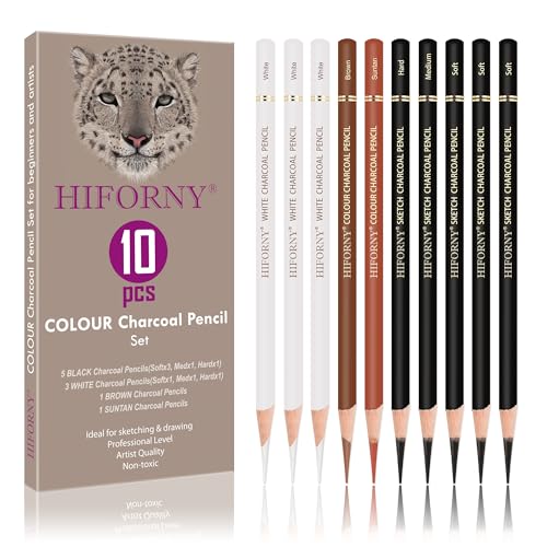 HIFORNY 10 Pieces Colored Charcoal Pencils for drawing- Black White Charcoal Pencils for Sketching,Shading,Blending,Portrait - Ideal for Beginners & HIFORNY