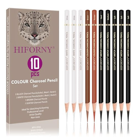 HIFORNY 10 Pieces Colored Charcoal Pencils for drawing- Black White Charcoal Pencils for Sketching,Shading,Blending,Portrait - Ideal for Beginners & HIFORNY