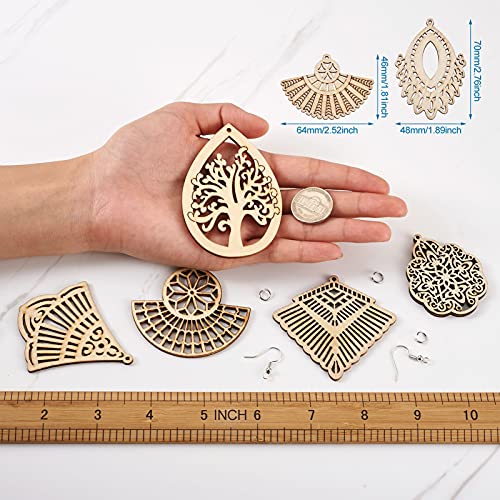 60Pcs Unfinished Wooden Burlywood Dangle Earrings Kit 10 Styles Natural Wood Big Charms with Jump Rings and Earring Hooks for Jewelry Craft Making PH PandaHall