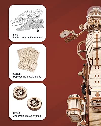 ROKR 3D Wooden Motorcycle Puzzle-Wood Model Car Kits to Build for Adults-Brain Teaser Gearjits Puzzle-1:8 Scale Cruiser Motorcycle as A Gift for ROKR