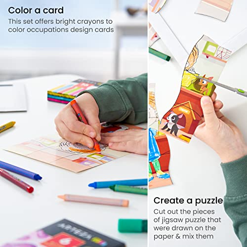 Arteza Kids Coloring Puzzle Kit, 5 Careers Jigsaw Puzzles, 16 Crayons, 6 Tubes of Glitter Glue, 5 Frames, DIY and Screen-Free Kids’ Activities, Craft Arteza Kids