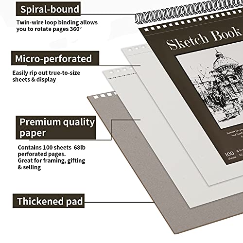 9" x 12" Sketch Book, Top Spiral Bound Sketch Pad, 2 Packs 100-Sheets Each (68lb/100gsm), Acid Free Art Sketchbook Artistic Drawing Painting Writing - WoodArtSupply