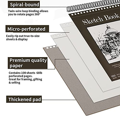 9" x 12" Sketch Book, Top Spiral Bound Sketch Pad, 2 Packs 100-Sheets Each (68lb/100gsm), Acid Free Art Sketchbook Artistic Drawing Painting Writing - WoodArtSupply