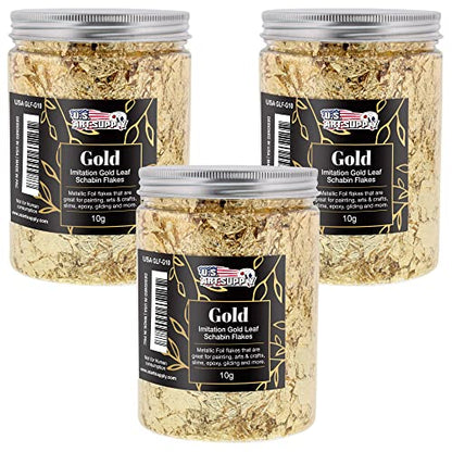 U.S. Art Supply Metallic Foil Schabin Gilding Gold Leaf Flakes - Imitation Gold in 10 Gram Bottle (Pack of 3) - Gild Picture Frames, Paintings, - WoodArtSupply