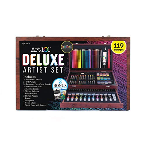 Art 101 USA Deluxe Art Set with 119 Pieces in a Wood Organizer Case, Includes Color Pencils, Paints, brushes and palettes, Learning guides, Portable Art 101 USA