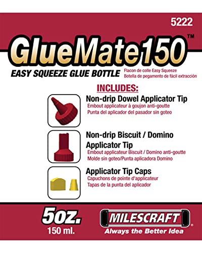 Milescraft 5222 Glue Mate 150-5oz. (150ml) Precision Wood Glue Bottle - Anti-Drip - Dowel and Biscuit Tips Included - Easy Flow Multi-Chamber Design - WoodArtSupply