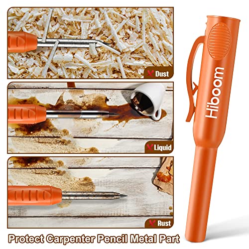 Hiboom 2 Pack Solid Carpenter Pencils with Pencil Cap and 18 Refills, Long Nose Deep Hole Mechanical Pencil Marker, Scribe Tool with Built-in Hiboom